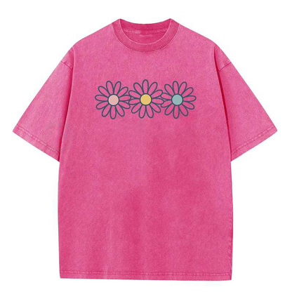 👚 50% RABATT NU!🌼 Vintage-tvättad Daisy T-shirt – Positiv Grafisk Print & Oversized Passform – Mjuk Andningsbar Bomullsblandning Casual Topp 🌈
