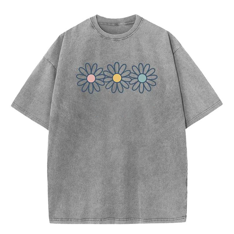 👚 50% RABATT NU!🌼 Vintage-tvättad Daisy T-shirt – Positiv Grafisk Print & Oversized Passform – Mjuk Andningsbar Bomullsblandning Casual Topp 🌈