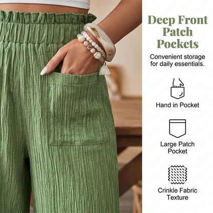 👖 50% RABATT NU!🌿 Dam Casual Enfärgad Löstsittande Byxor – Hög Midja Wide Leg & Skrynklig Textur – Bekväma Lounge Byxor ✨
