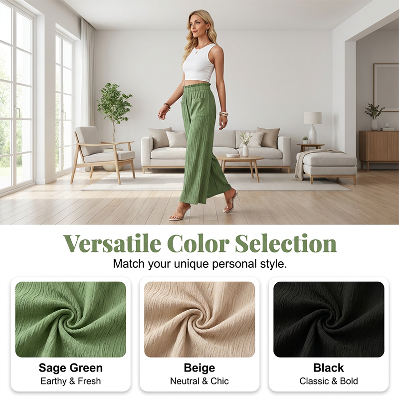 👖 50% RABATT NU!🌿 Dam Casual Enfärgad Löstsittande Byxor – Hög Midja Wide Leg & Skrynklig Textur – Bekväma Lounge Byxor ✨