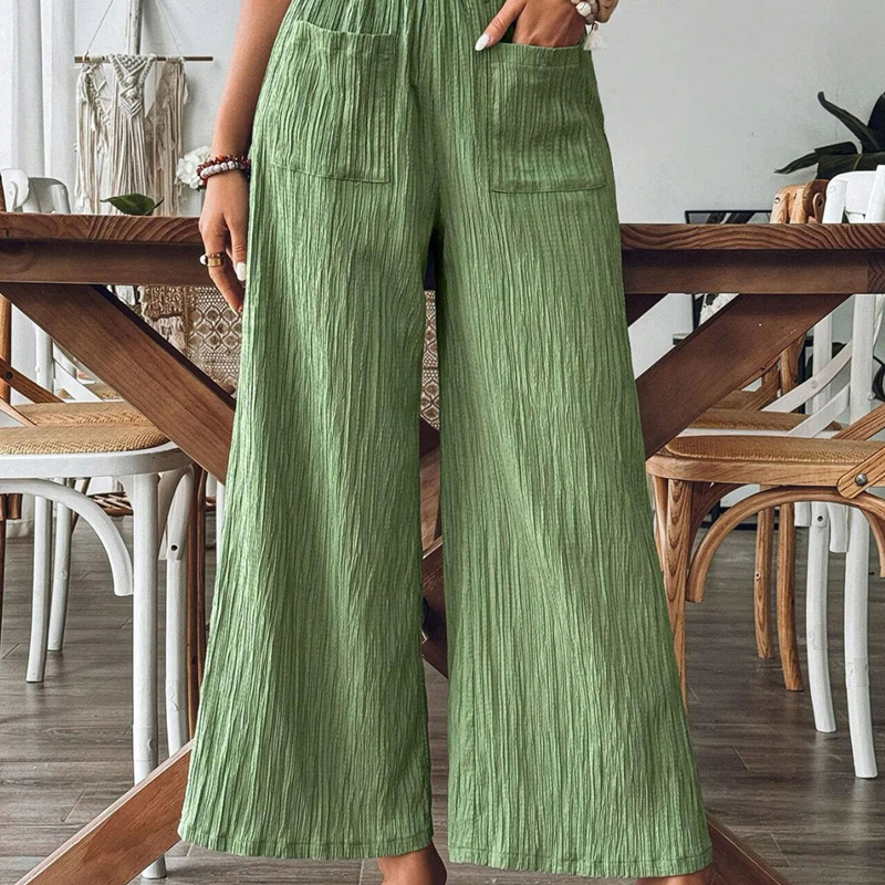 👖 50% RABATT NU!🌿 Dam Casual Enfärgad Löstsittande Byxor – Hög Midja Wide Leg & Skrynklig Textur – Bekväma Lounge Byxor ✨