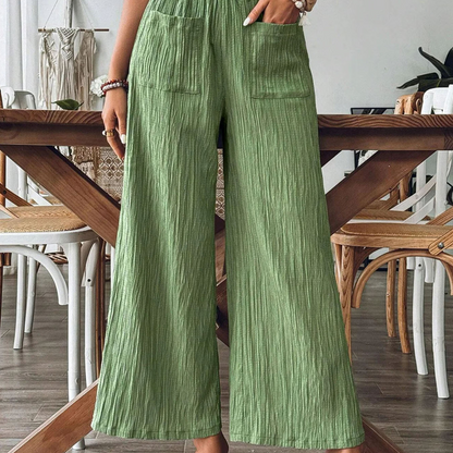 👖 50% RABATT NU!🌿 Dam Casual Enfärgad Löstsittande Byxor – Hög Midja Wide Leg & Skrynklig Textur – Bekväma Lounge Byxor ✨