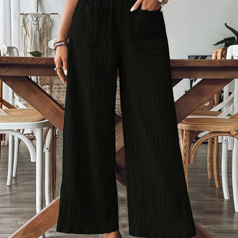 👖 50% RABATT NU!🌿 Dam Casual Enfärgad Löstsittande Byxor – Hög Midja Wide Leg & Skrynklig Textur – Bekväma Lounge Byxor ✨