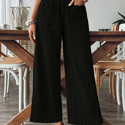 👖 50% RABATT NU!🌿 Dam Casual Enfärgad Löstsittande Byxor – Hög Midja Wide Leg & Skrynklig Textur – Bekväma Lounge Byxor ✨