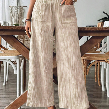 👖 50% RABATT NU!🌿 Dam Casual Enfärgad Löstsittande Byxor – Hög Midja Wide Leg & Skrynklig Textur – Bekväma Lounge Byxor ✨