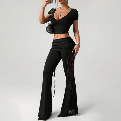 👖50 % RABATT！！✨Dambyxor med rynkad spets och utsvängda ben