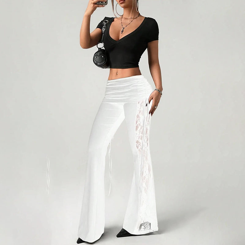 👖50 % RABATT！！✨Dambyxor med rynkad spets och utsvängda ben