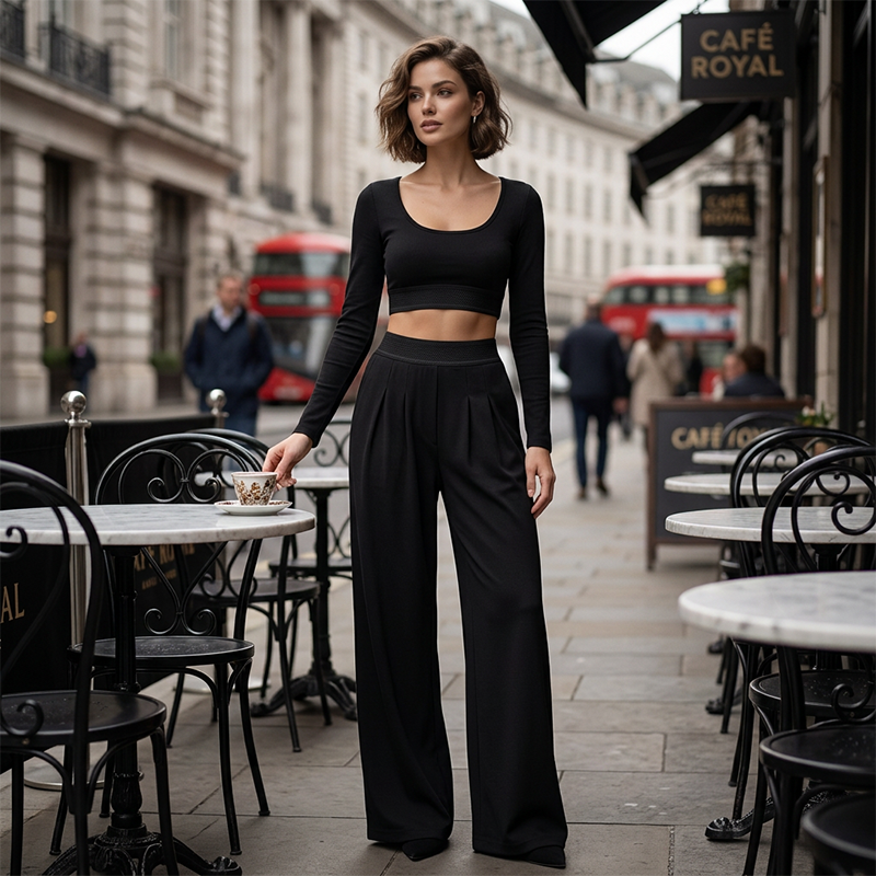 ⏳Begränsad tid – 50% rabatt⏰Damens Casual Crop Top & Wide Leg Byxor Set