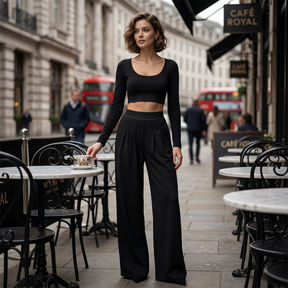 ⏳Begränsad tid – 50% rabatt⏰Damens Casual Crop Top & Wide Leg Byxor Set