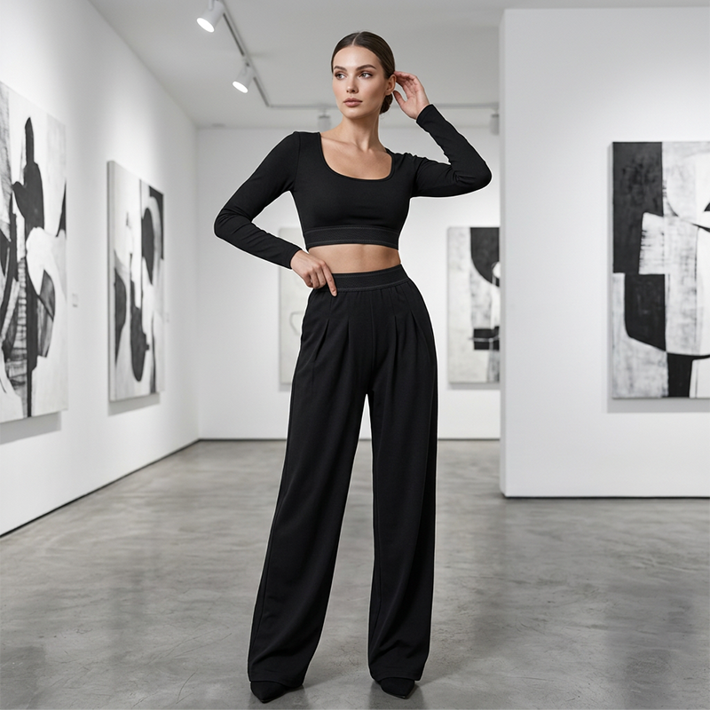 ⏳Begränsad tid – 50% rabatt⏰Damens Casual Crop Top & Wide Leg Byxor Set