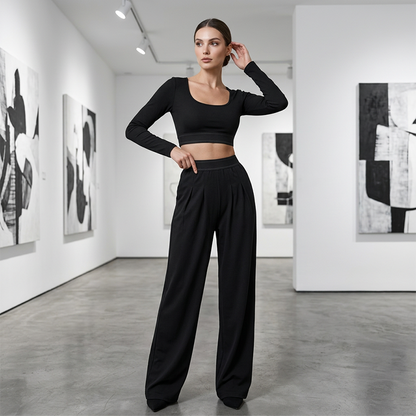 ⏳Begränsad tid – 50% rabatt⏰Damens Casual Crop Top & Wide Leg Byxor Set