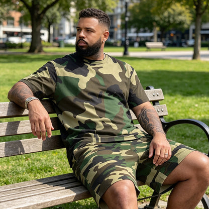 👕 50% RABATT NU!🔥 Herr Camouflage Set – T-shirt & Shorts – Andningsbar & Avslappnad Outfit 🌿