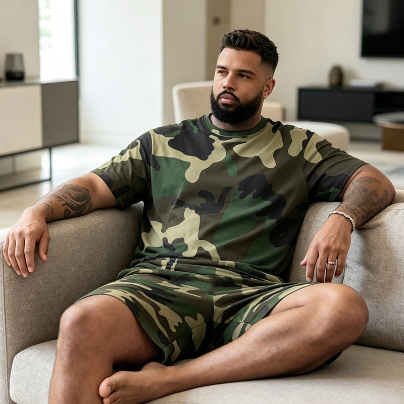 👕 50% RABATT NU!🔥 Herr Camouflage Set – T-shirt & Shorts – Andningsbar & Avslappnad Outfit 🌿