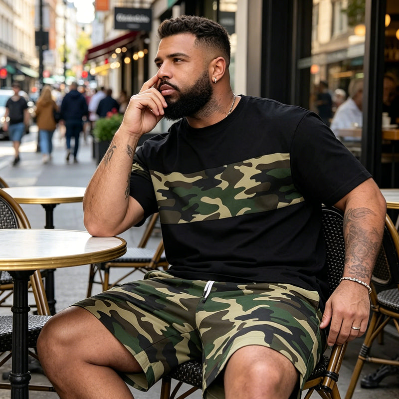 👕 50% RABATT NU!🔥 Herr Camouflage Set – T-shirt & Shorts – Andningsbar & Avslappnad Outfit 🌿