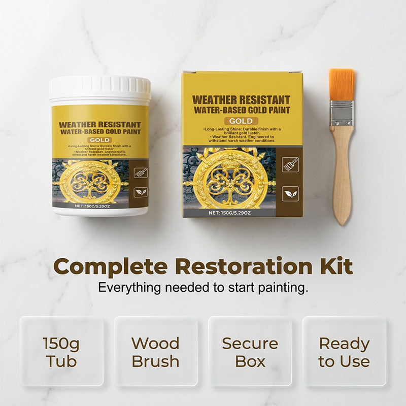 ✨ 50% RABATT NU! 🎨 Väderbeständig vattenbaserad guldfärg – strålande metallisk finish, tål utomhus & enkel applicering – perfekt för grindar, möbler och DIY ✨