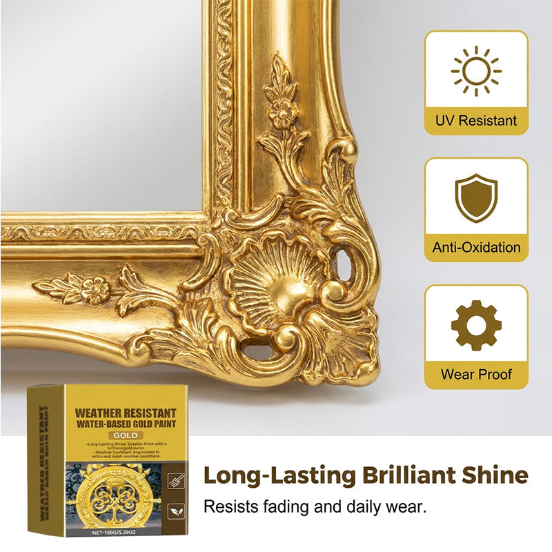 ✨ 50% RABATT NU! 🎨 Väderbeständig vattenbaserad guldfärg – strålande metallisk finish, tål utomhus & enkel applicering – perfekt för grindar, möbler och DIY ✨