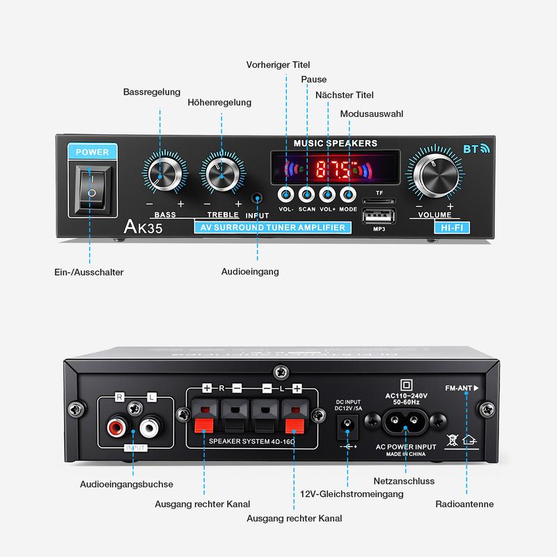 2-kanals 600 W mini-hifi-förstärkare med digital Bluetooth-ljud och FM-radio
