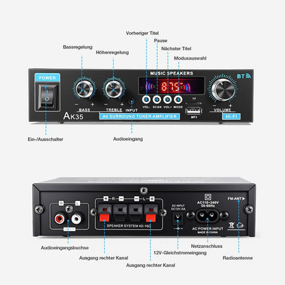 2-kanals 600 W mini-hifi-förstärkare med digital Bluetooth-ljud och FM-radio