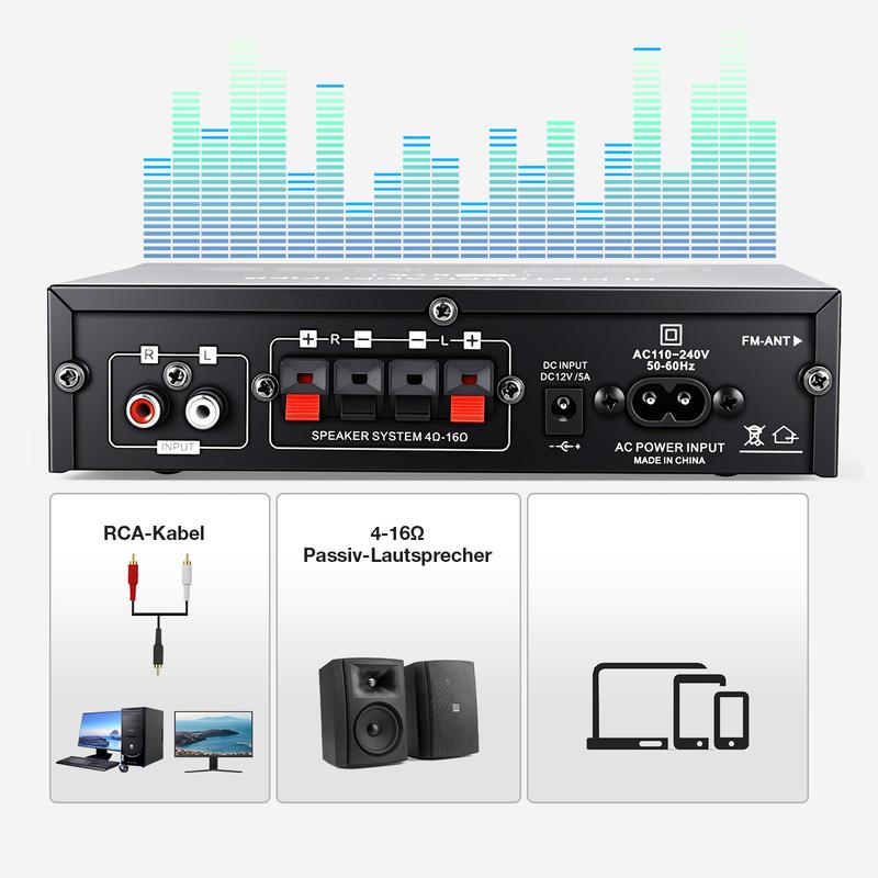 2-kanals 600 W mini-hifi-förstärkare med digital Bluetooth-ljud och FM-radio