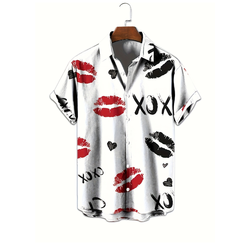 👕50 % RABATT NU! 🔥Kortärmad skjorta med knappar och Kiss-tryck för män