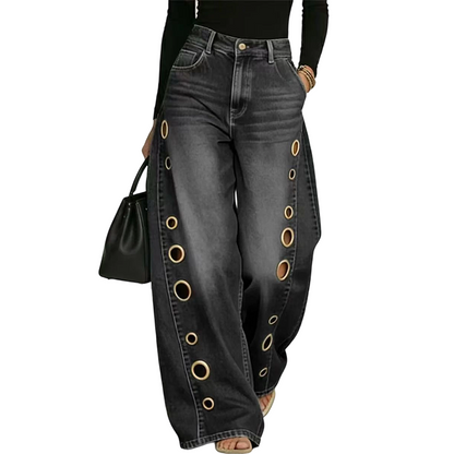 💥 53% RABATT 👖 Komfortabla vida jeans med dekorativa ringar ✨ Modern design, mjukt material & perfekt för alla tillfällen 🌸