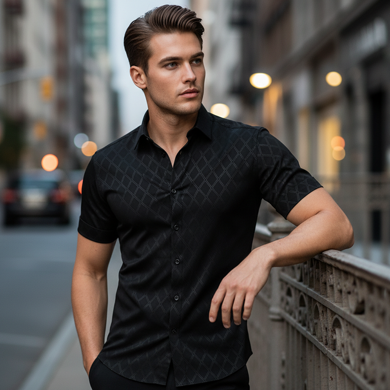 👔 50% RABATT NU!🖤 Svart herrskjorta med textur – Diamantjacquard och atletisk passform – Snyggt och oumbärligt 🔥