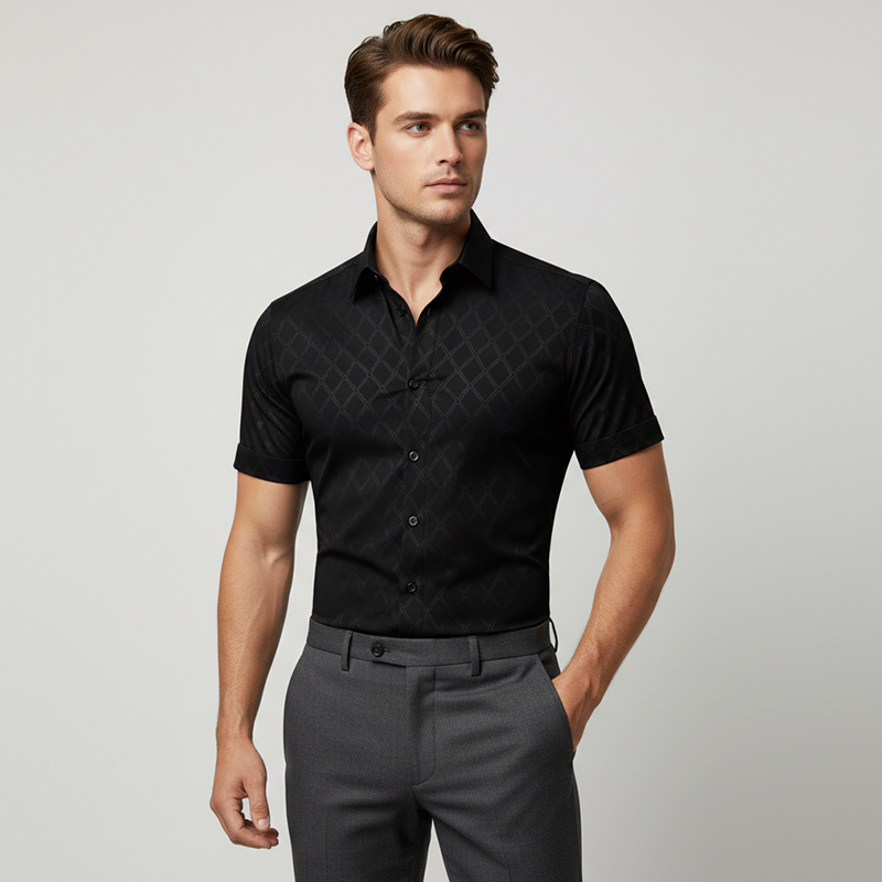 👔 50% RABATT NU!🖤 Svart herrskjorta med textur – Diamantjacquard och atletisk passform – Snyggt och oumbärligt 🔥