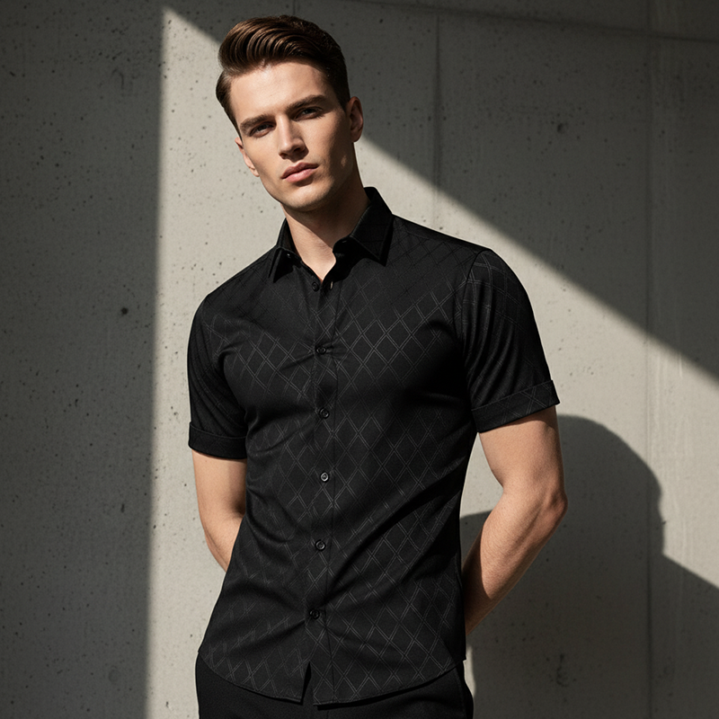 👔 50% RABATT NU!🖤 Svart herrskjorta med textur – Diamantjacquard och atletisk passform – Snyggt och oumbärligt 🔥