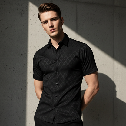 👔 50% RABATT NU!🖤 Svart herrskjorta med textur – Diamantjacquard och atletisk passform – Snyggt och oumbärligt 🔥