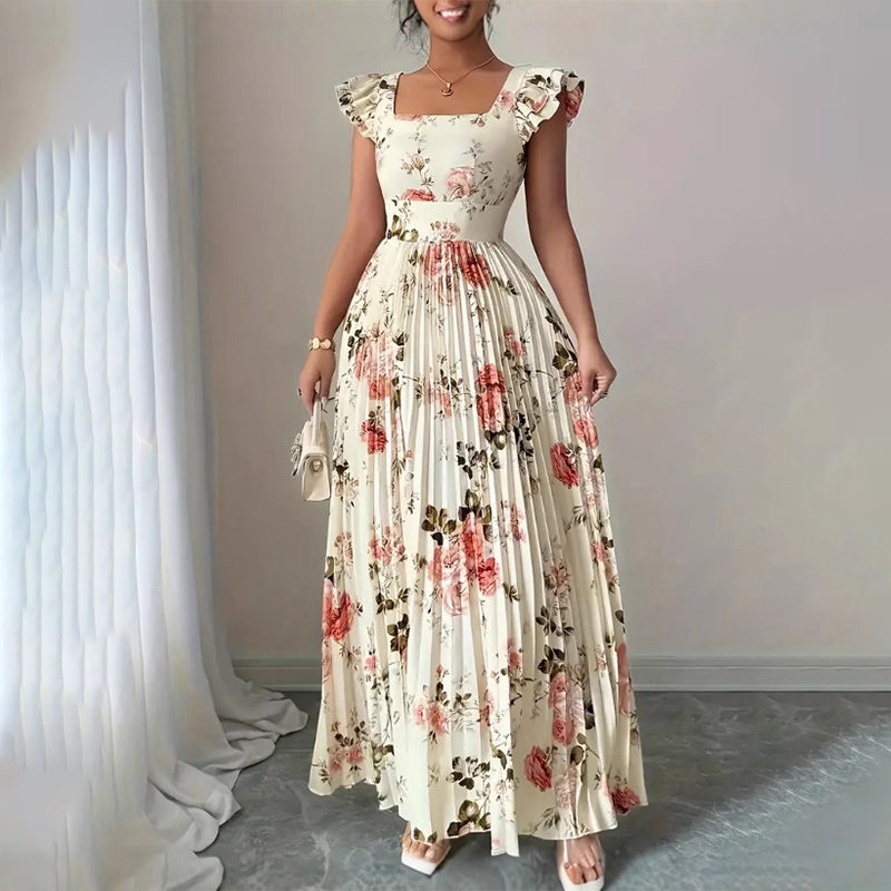 👗 BEGRÄNSAD TID 50% RABATT! ✨ Blommig Veckad Maxiklänning – Fyrkantig Urringning, Volangärmar, Hög Midja 🌸