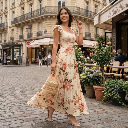 👗 BEGRÄNSAD TID 50% RABATT! ✨ Blommig Veckad Maxiklänning – Fyrkantig Urringning, Volangärmar, Hög Midja 🌸