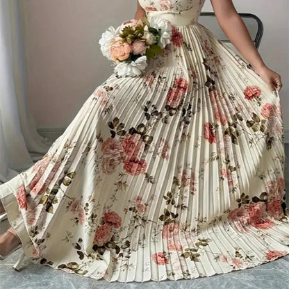 👗 BEGRÄNSAD TID 50% RABATT! ✨ Blommig Veckad Maxiklänning – Fyrkantig Urringning, Volangärmar, Hög Midja 🌸
