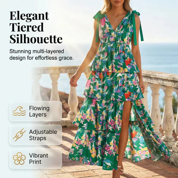 📢📢 50% rabatt !!   ⏰ Kvinnors Floral V-hals tiered Ruffle klänning