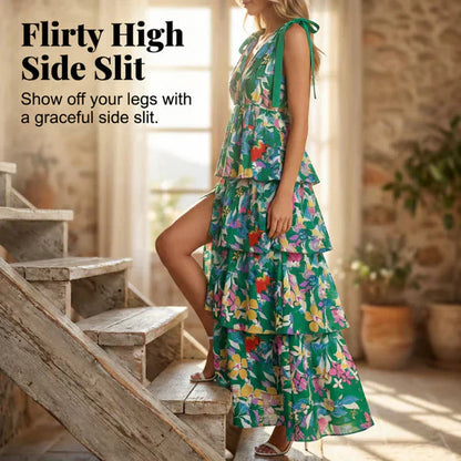 📢📢 50% rabatt !!   ⏰ Kvinnors Floral V-hals tiered Ruffle klänning