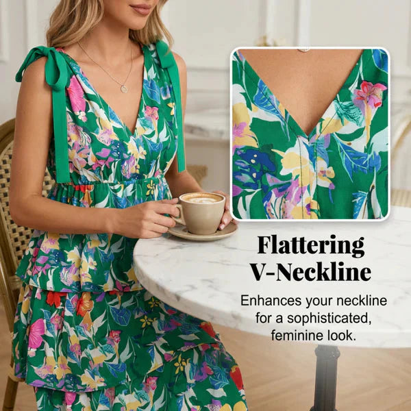 📢📢 50% rabatt !!   ⏰ Kvinnors Floral V-hals tiered Ruffle klänning