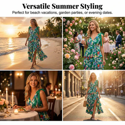 📢📢 50% rabatt !!   ⏰ Kvinnors Floral V-hals tiered Ruffle klänning