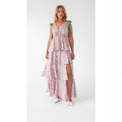 📢📢 50% rabatt !!   ⏰ Kvinnors Floral V-hals tiered Ruffle klänning