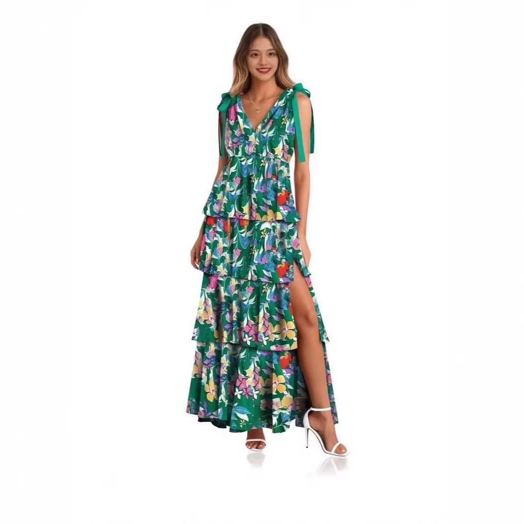 📢📢 50% rabatt !!   ⏰ Kvinnors Floral V-hals tiered Ruffle klänning