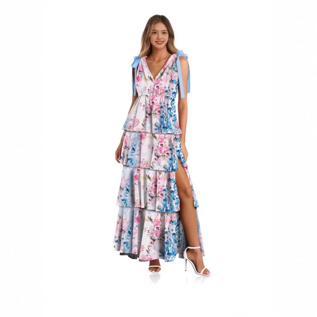 📢📢 50% rabatt !!   ⏰ Kvinnors Floral V-hals tiered Ruffle klänning