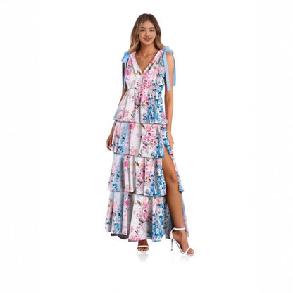 📢📢 50% rabatt !!   ⏰ Kvinnors Floral V-hals tiered Ruffle klänning