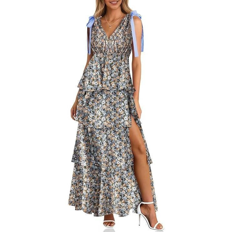 📢📢 50% rabatt !!   ⏰ Kvinnors Floral V-hals tiered Ruffle klänning