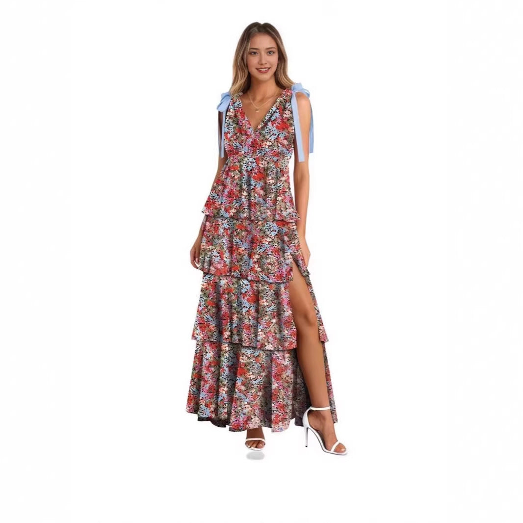 📢📢 50% rabatt !!   ⏰ Kvinnors Floral V-hals tiered Ruffle klänning