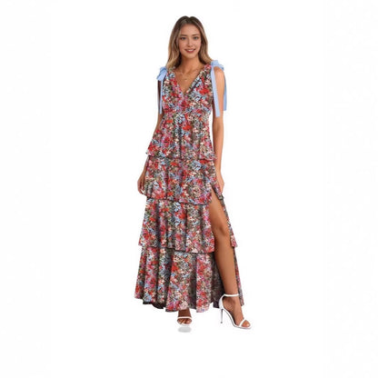 📢📢 50% rabatt !!   ⏰ Kvinnors Floral V-hals tiered Ruffle klänning