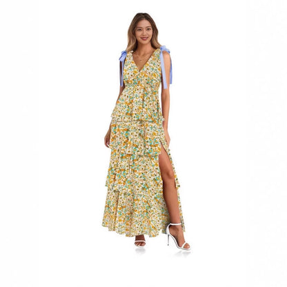 📢📢 50% rabatt !!   ⏰ Kvinnors Floral V-hals tiered Ruffle klänning
