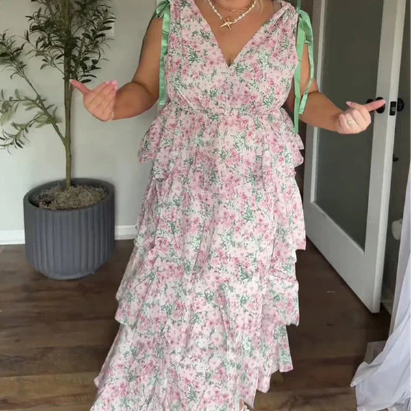 📢📢 50% rabatt !!   ⏰ Kvinnors Floral V-hals tiered Ruffle klänning
