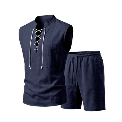 👕 50% RABATT! 🌿 Herr linne ärmlös snörnings-top & shorts set – Svalt linne, justerbar passform & perfekt för strand, festival eller heta sommardagar ☀️