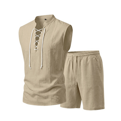 👕 50% RABATT! 🌿 Herr linne ärmlös snörnings-top & shorts set – Svalt linne, justerbar passform & perfekt för strand, festival eller heta sommardagar ☀️