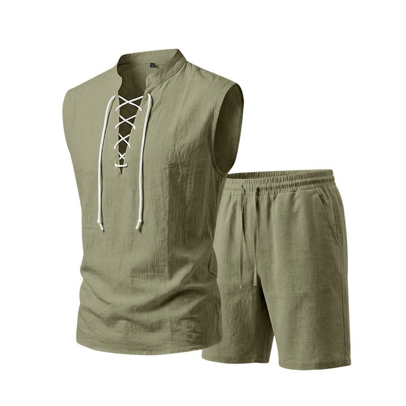 👕 50% RABATT! 🌿 Herr linne ärmlös snörnings-top & shorts set – Svalt linne, justerbar passform & perfekt för strand, festival eller heta sommardagar ☀️