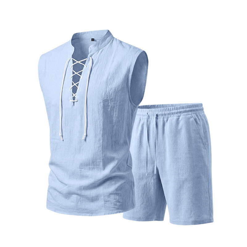 👕 50% RABATT! 🌿 Herr linne ärmlös snörnings-top & shorts set – Svalt linne, justerbar passform & perfekt för strand, festival eller heta sommardagar ☀️