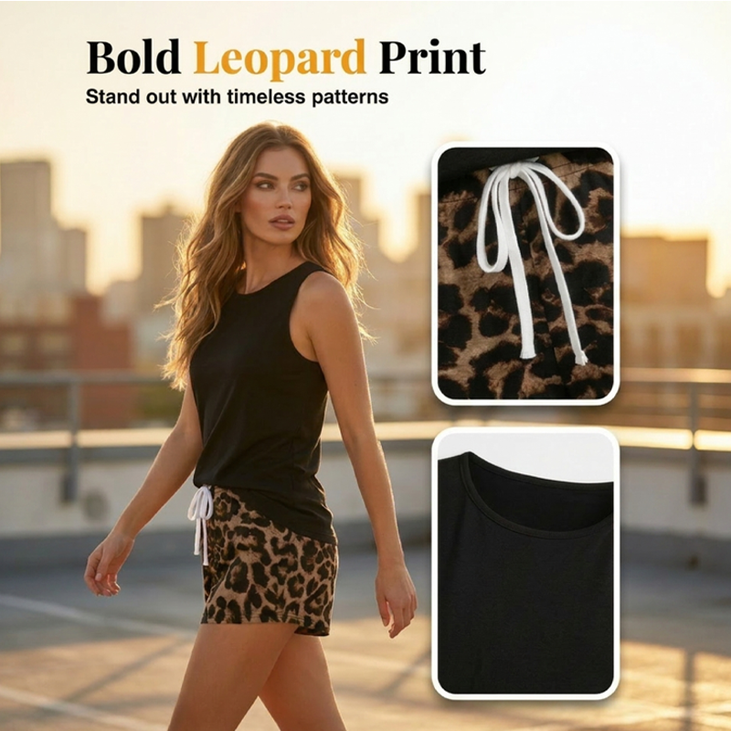 👕50 % RABATT! ✨ Set med linne och leopardmönstrade shorts för dam – avslappnat, djärvt, snyggt 🐆